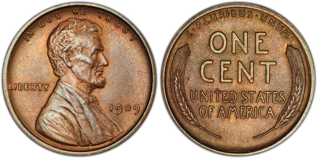 1909-S VDB wheat penny obverse and reverse showing Lincoln portrait and VDB initials