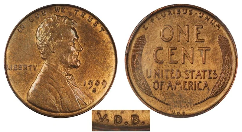 1909-S VDB wheat penny close-up showing S mint mark below date and VDB initials on reverse