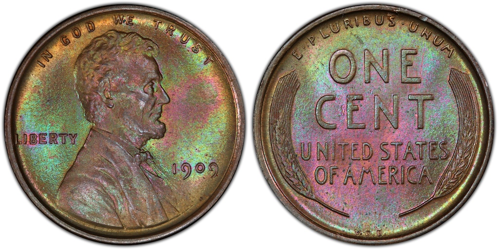 1909 VDB Philadelphia wheat penny showing no mint mark on obverse and VDB initials clearly visible on reverse