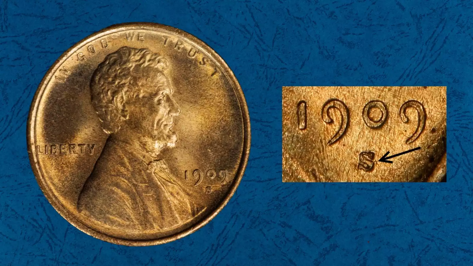 1909-S wheat penny repunched mint mark RPM showing secondary S impression below the date on obverse