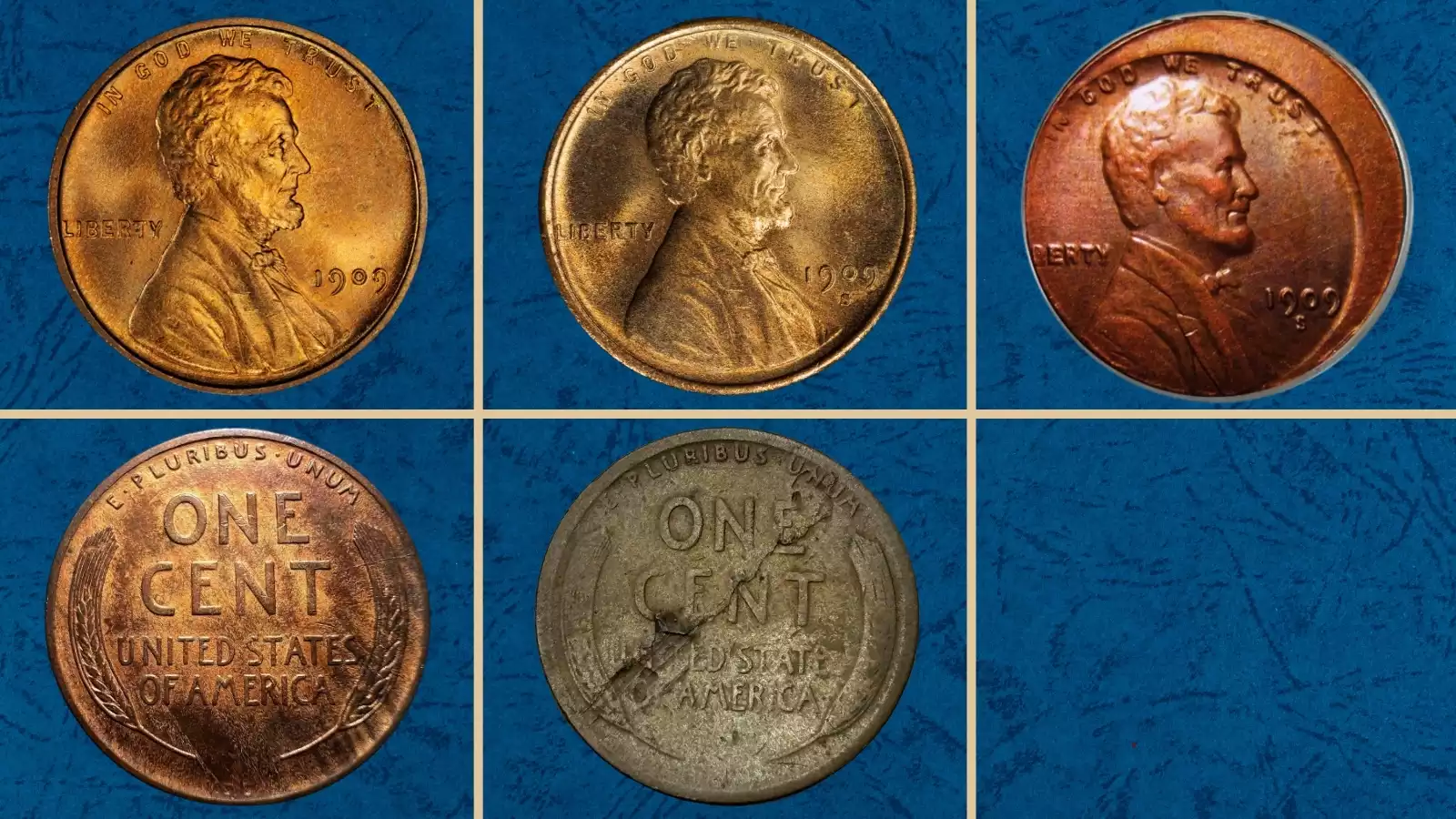 1909 wheat penny grading strip showing four condition tiers from Good worn through VF circulated to MS-63 uncirculated and MS-65 RD gem